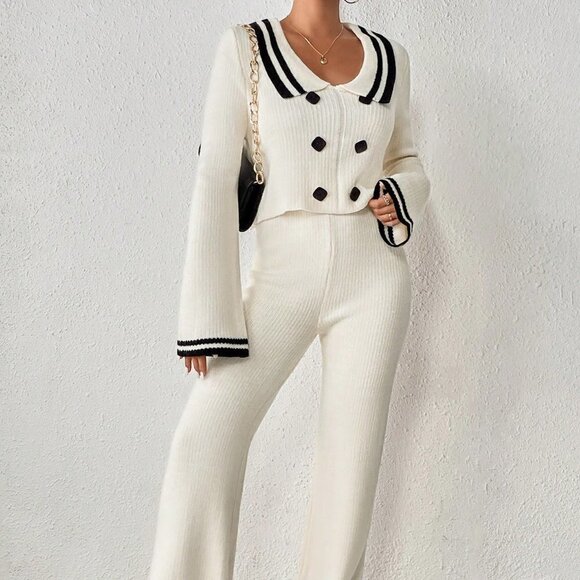 . Sweaters - Apricot Preppy Womens Striped Trim Sailor Collar Sweater & Knit Pants